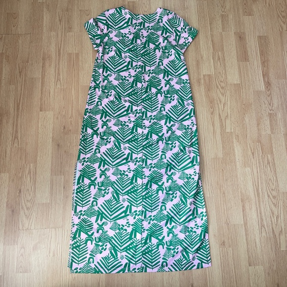 CK Bradley Short Sleeve Pink with Green Leaves Long Dress with Splits Size Large - Picture 5 of 5